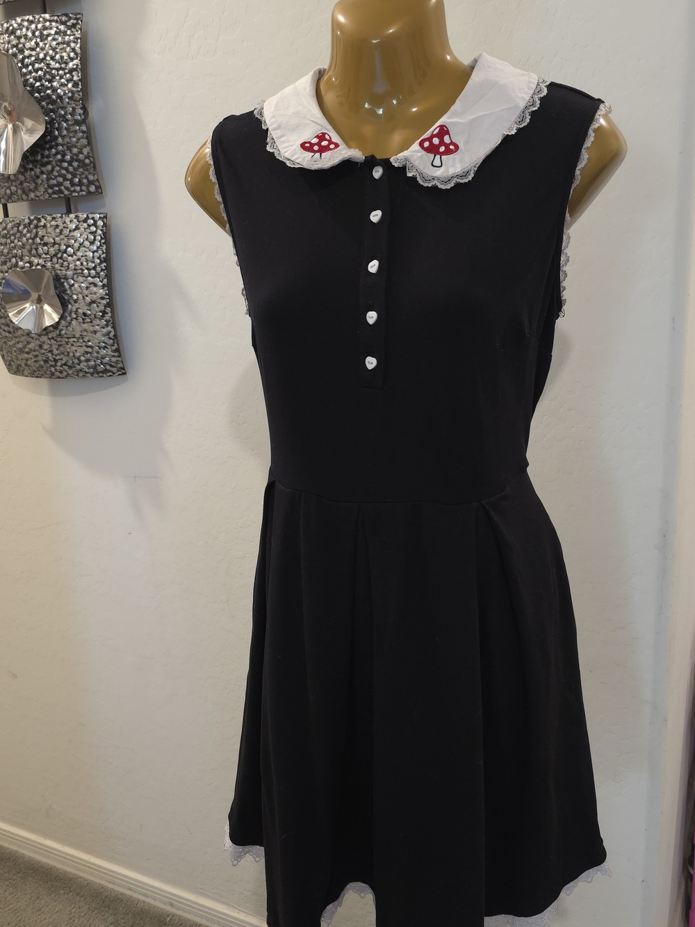 Hot Topic Whimsigoth Mushroom Collar Short Dress Size L Black Skater Wednesday